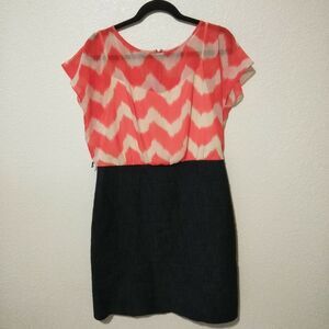 Dressbarn Midi Dress Blouson Lined Striped Denim Zip Orange Workwear Size: 14